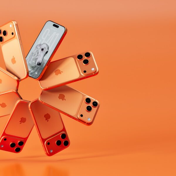 Multiple iphones arranged in a circular pattern on orange background.